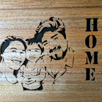 `Custom wooden family portrait with 3+ faces and HOME sign. Personalized wall art from your photo.