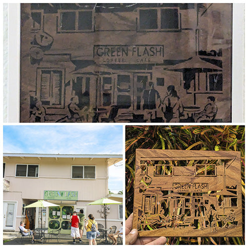 Custom wooden storefront portrait of a sundries shop. Handcrafted facade carving from photo