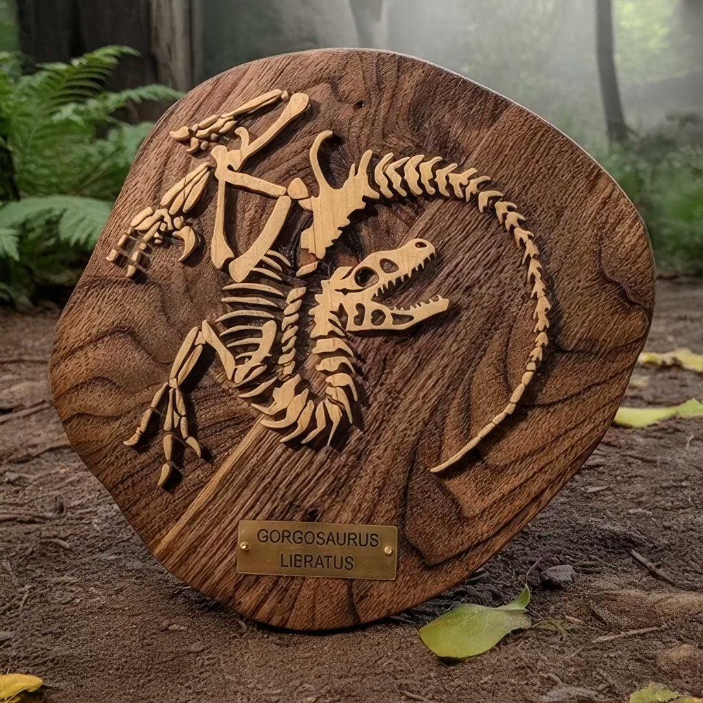 Wood carving of a Gorgosaurus fossil in walnut and maple. Handcrafted paleo art for science lovers