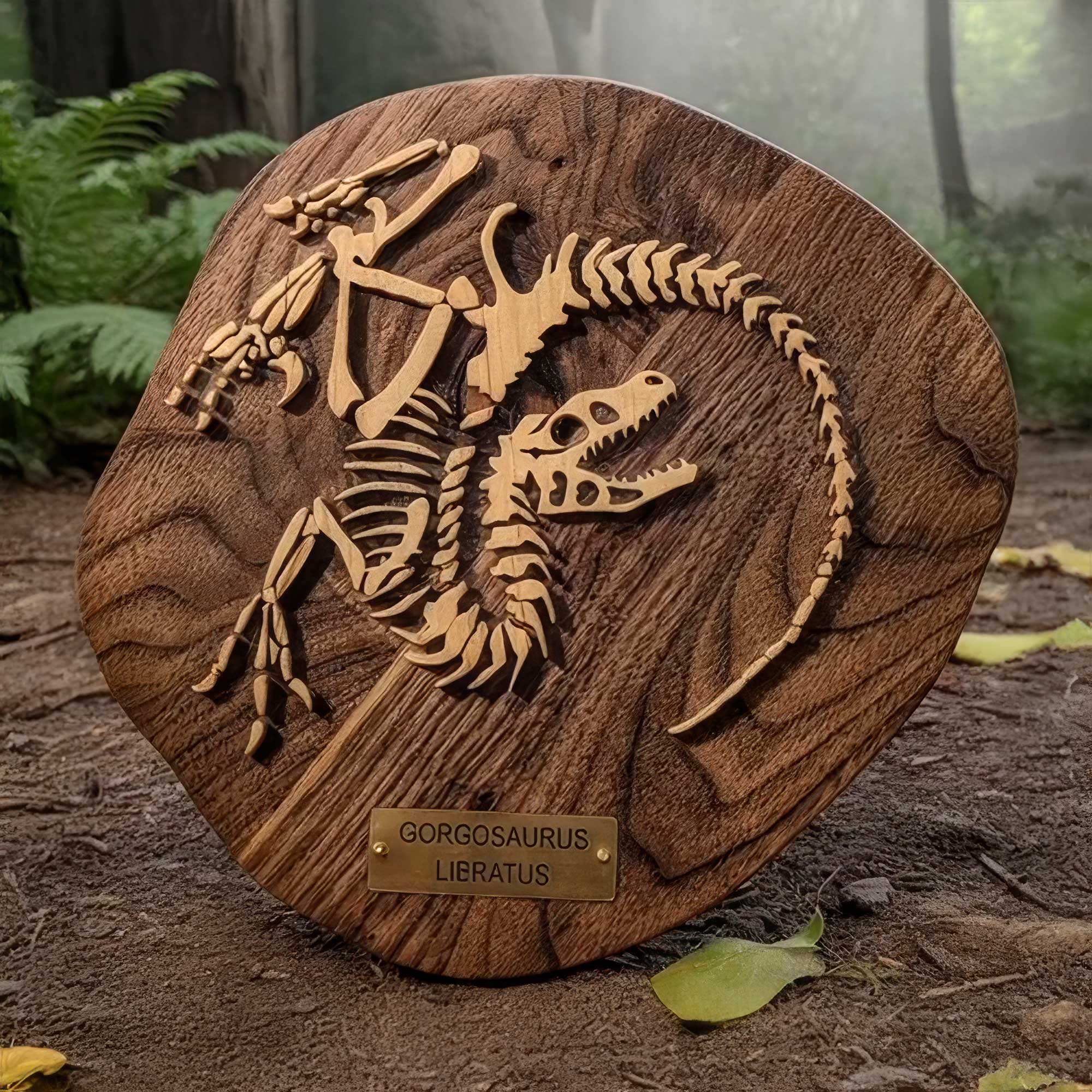 Wood carving of a Gorgosaurus fossil in walnut and maple. Handcrafted paleo art for science lovers