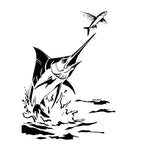 Custom scroll saw pattern of a swordfish jumping from water to catch a flying fish. Digital wildlife design