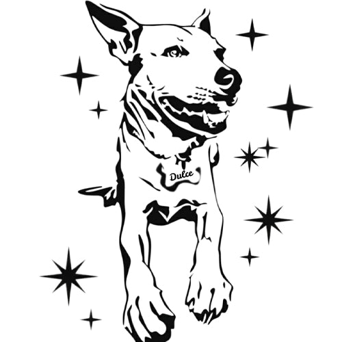 Example of a custom scroll saw pattern of a dog named Dulce. Pet portrait design for digital download