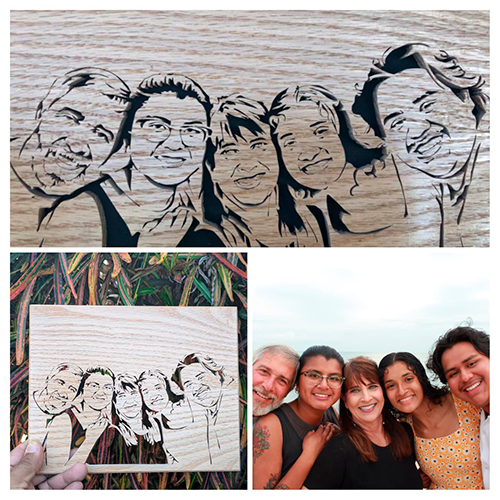 Custom wooden portrait of five family members. Handcrafted group carving from a personal photo