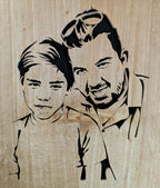 Custom wooden portrait of father and son from a photo. Personalized family wood carving.
