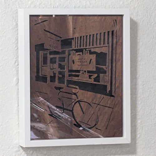 Custom wooden portrait of a storefront with a bike. Personalized business facade carving from a photo.